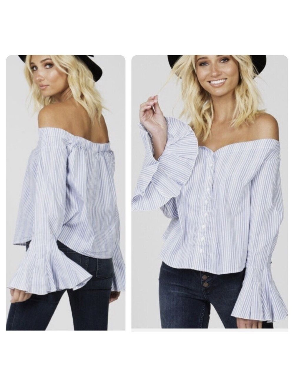 FREE PEOPLE March To the Beat Off Shoulder Top Blue White Striped Size Small